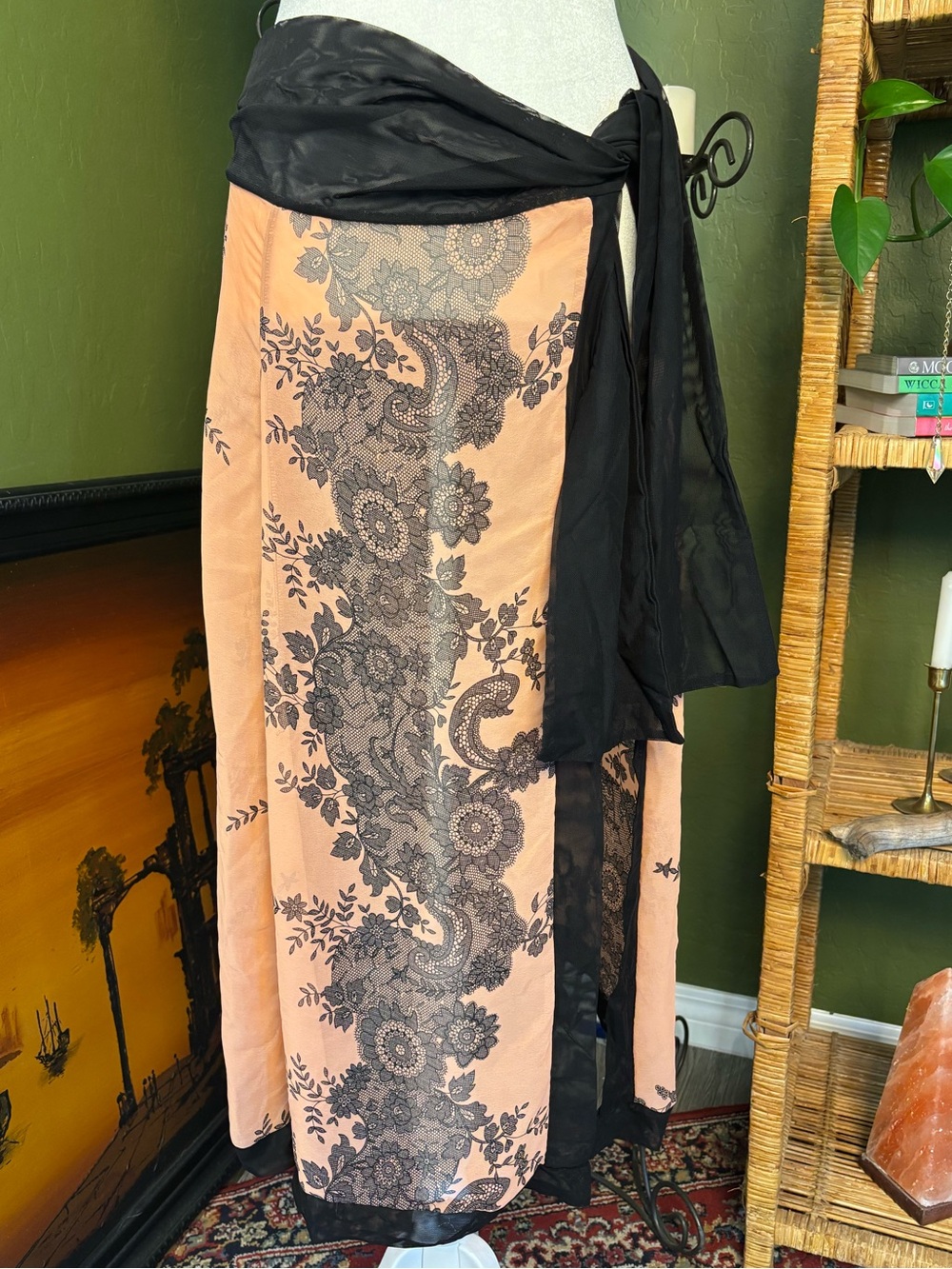 Nicolita Peachy Pink Swim Waist Tie Sarong with Black Lace Detail Trim